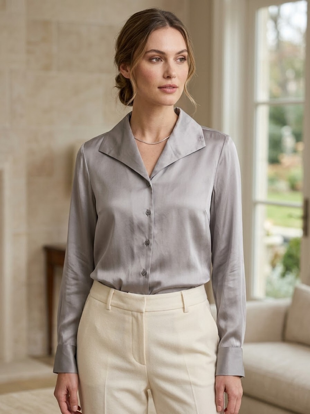 WinterSilks 100% Silk Silver Pearl Sailor Collar Blouse M Neutral Minimalist